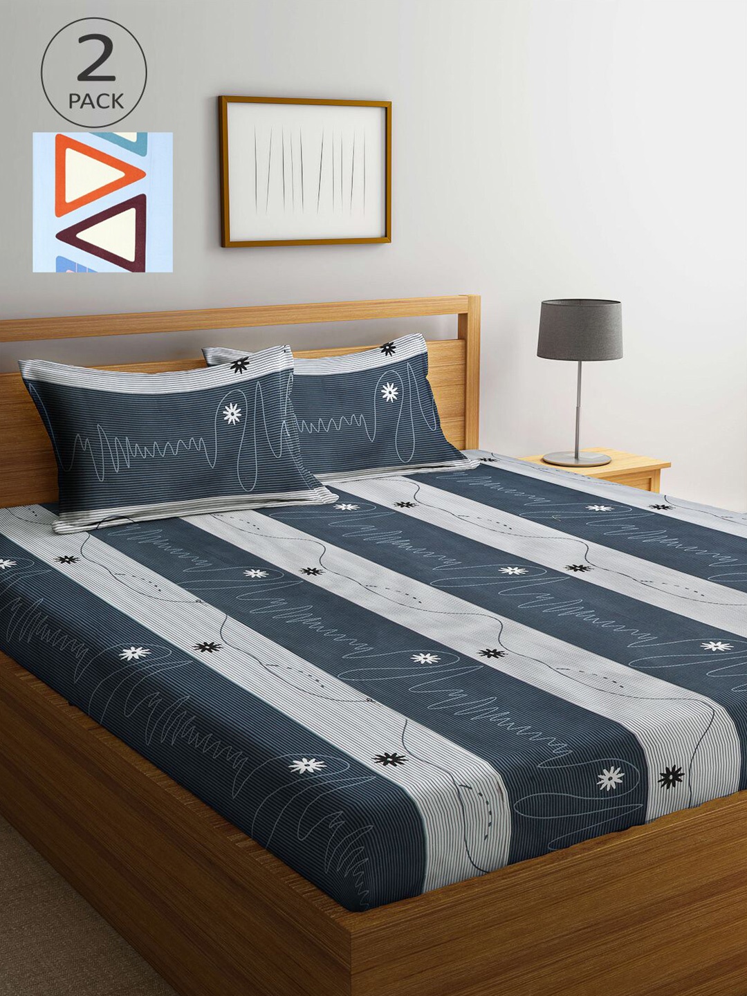 

KLOTTHE Blue & Grey Striped 210 TC 2 King Bedsheet with 4 Pillow Covers