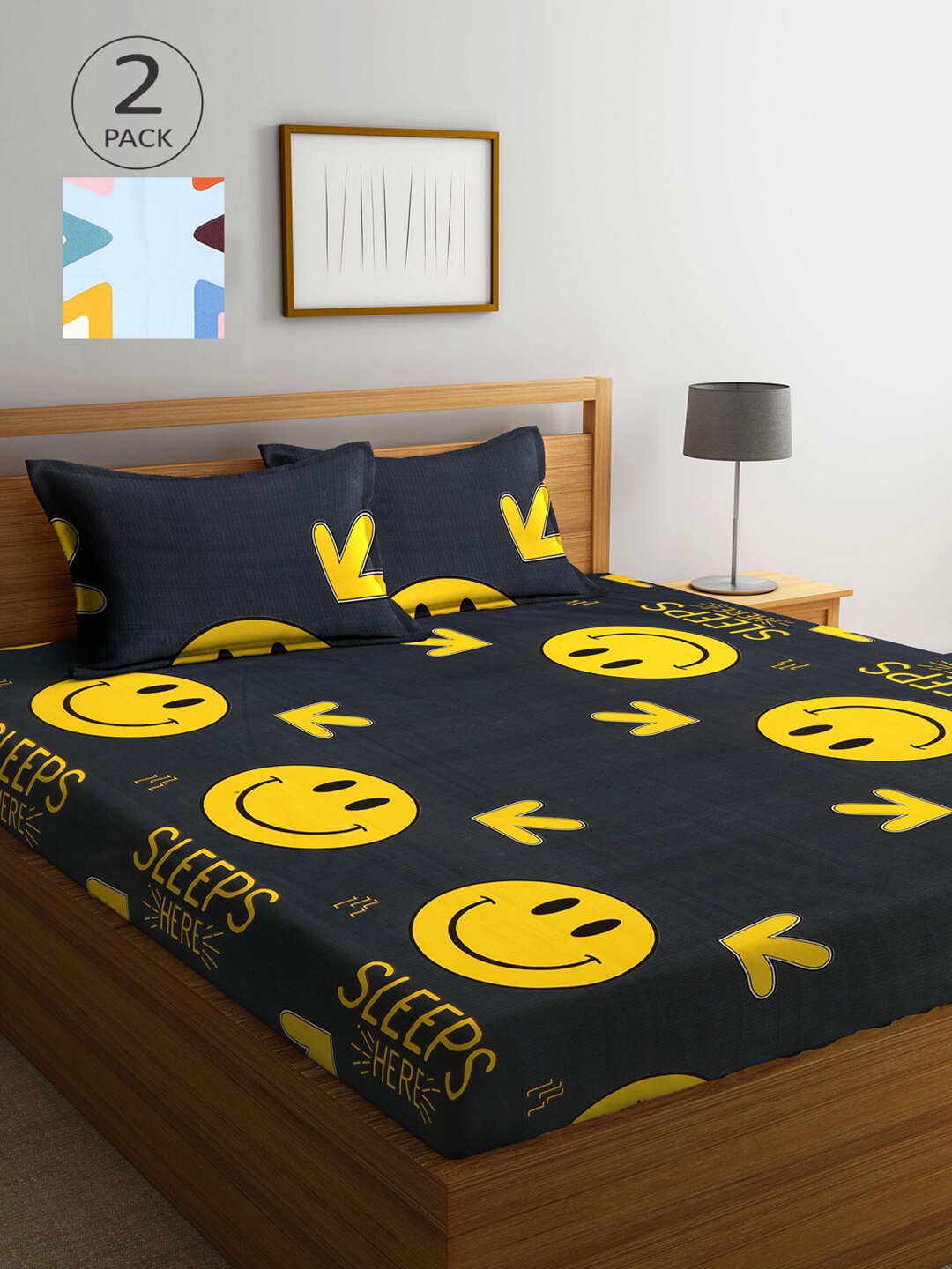 

KLOTTHE Blue & Black Cartoon Characters 210 TC 2 King Bedsheet with 4 Pillow Covers