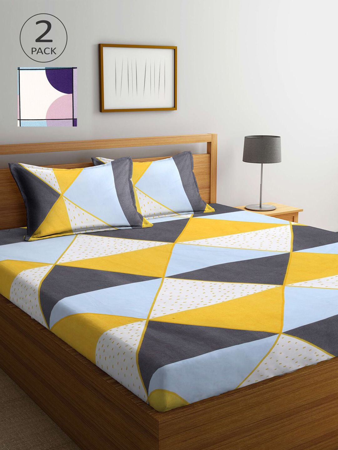 

KLOTTHE Blue & Grey Geometric 210 TC 2 King Bedsheet with 4 Pillow Covers