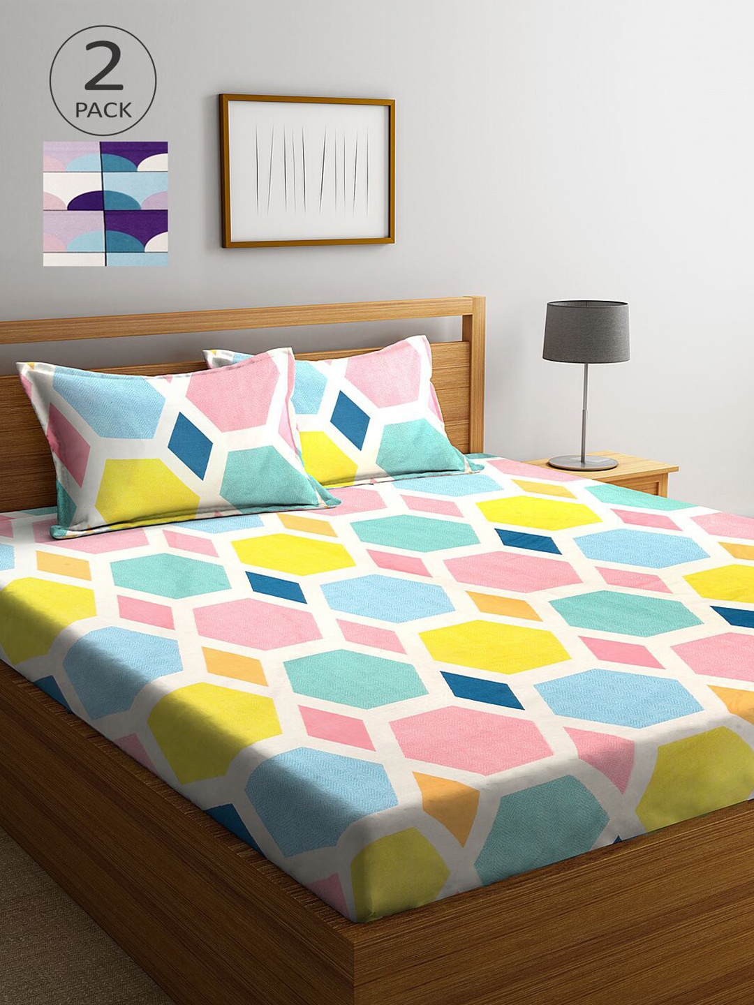 

KLOTTHE Pink & Yellow Geometric 210 TC 2 King Bedsheets with 4 Pillow Covers