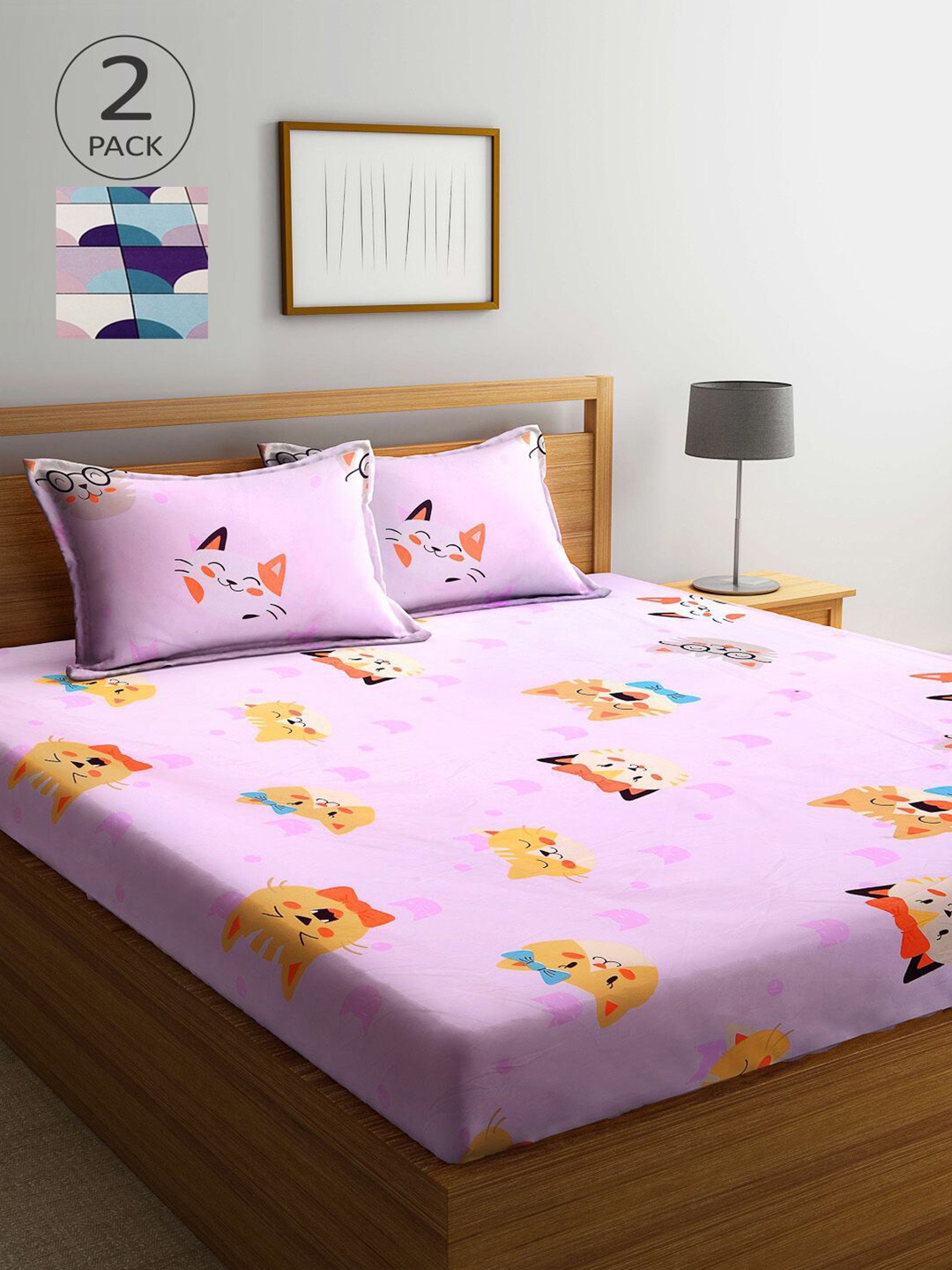 

KLOTTHE Pink & Blue Cartoon Characters 210 TC 2 King Bedsheet with 4 Pillow Covers