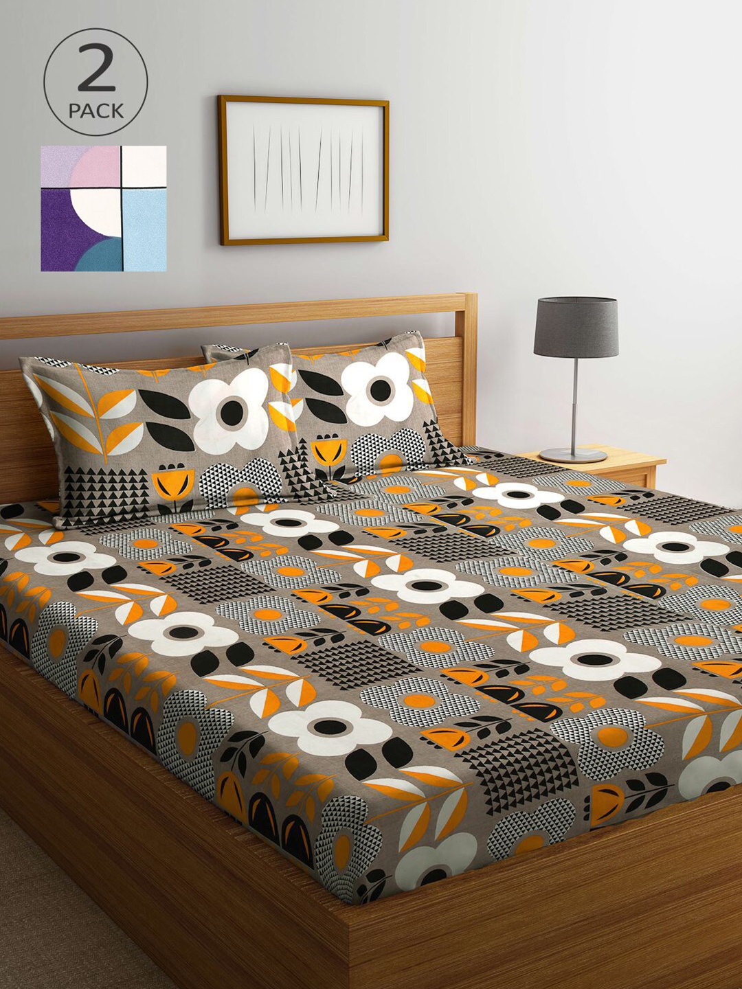 

KLOTTHE Grey & White Floral 210 TC 2 King Bedsheet with 4 Pillow Covers