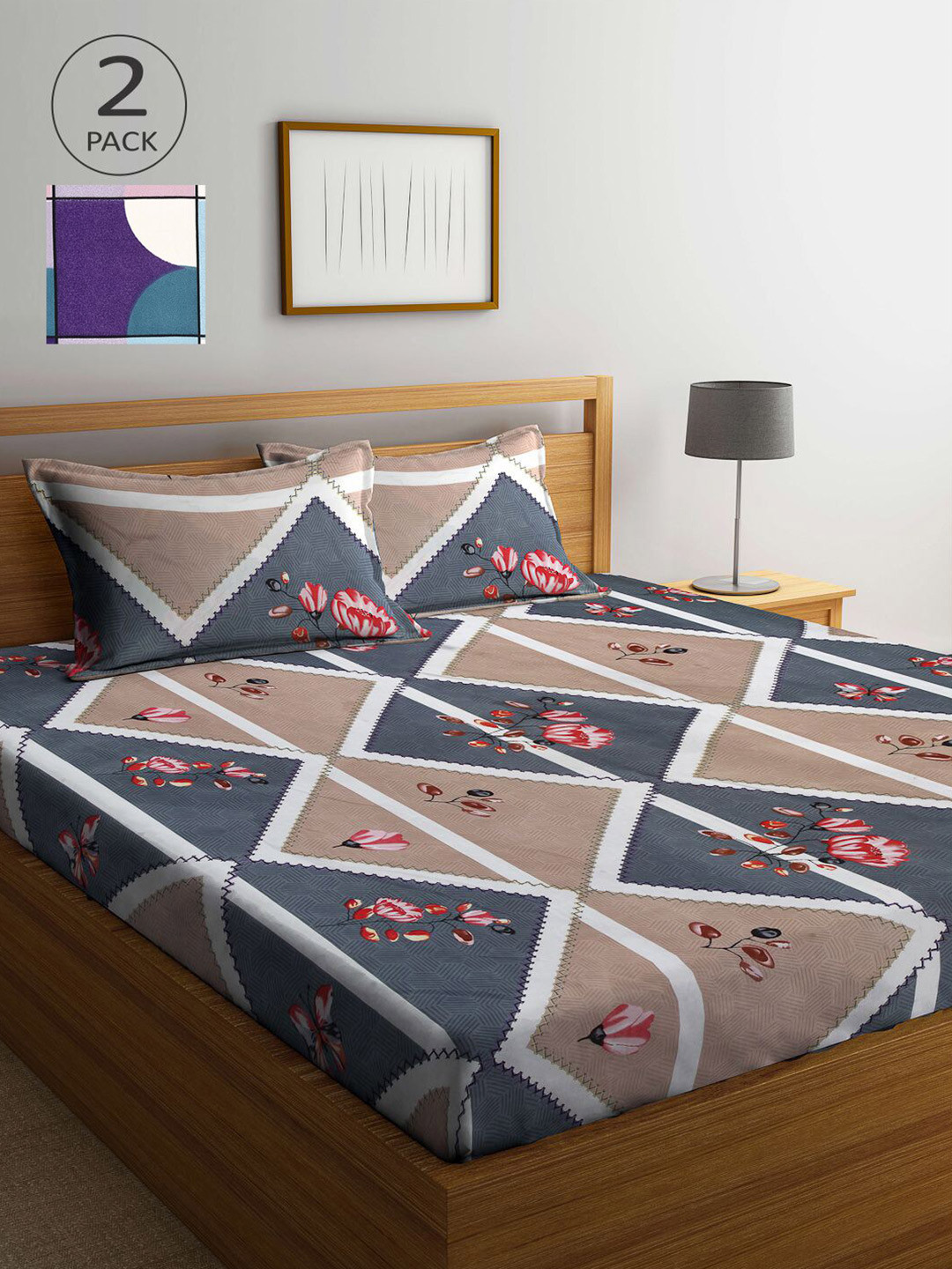 

KLOTTHE Brown & Purple Floral 210 TC 2 King Bedsheet with 4 Pillow Covers