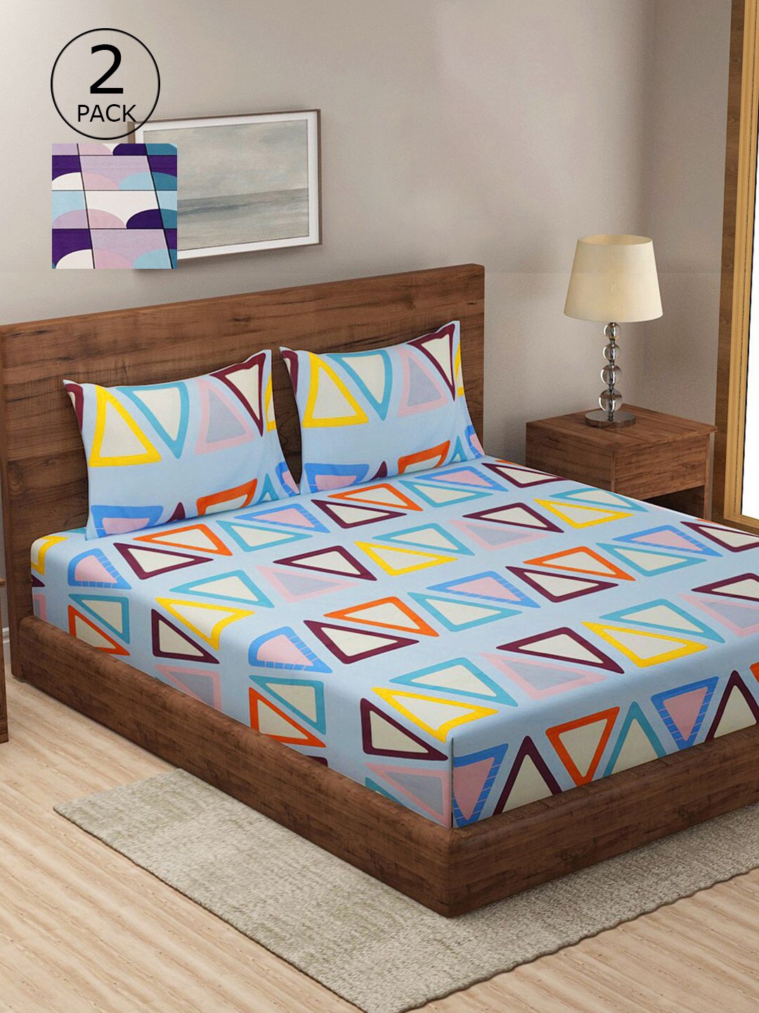 

KLOTTHE Blue & Pink Geometric 210 TC 2 King Bedsheet with 4 Pillow Covers