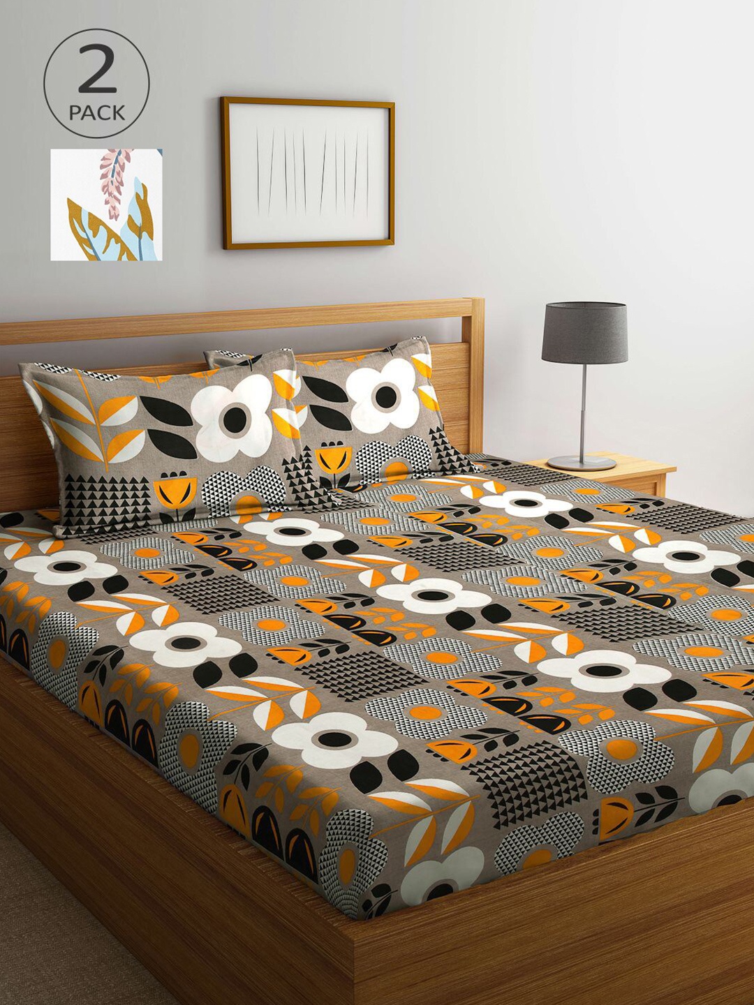 

KLOTTHE Grey & White Floral 210 TC 2 King Bedsheet with 4 Pillow Covers