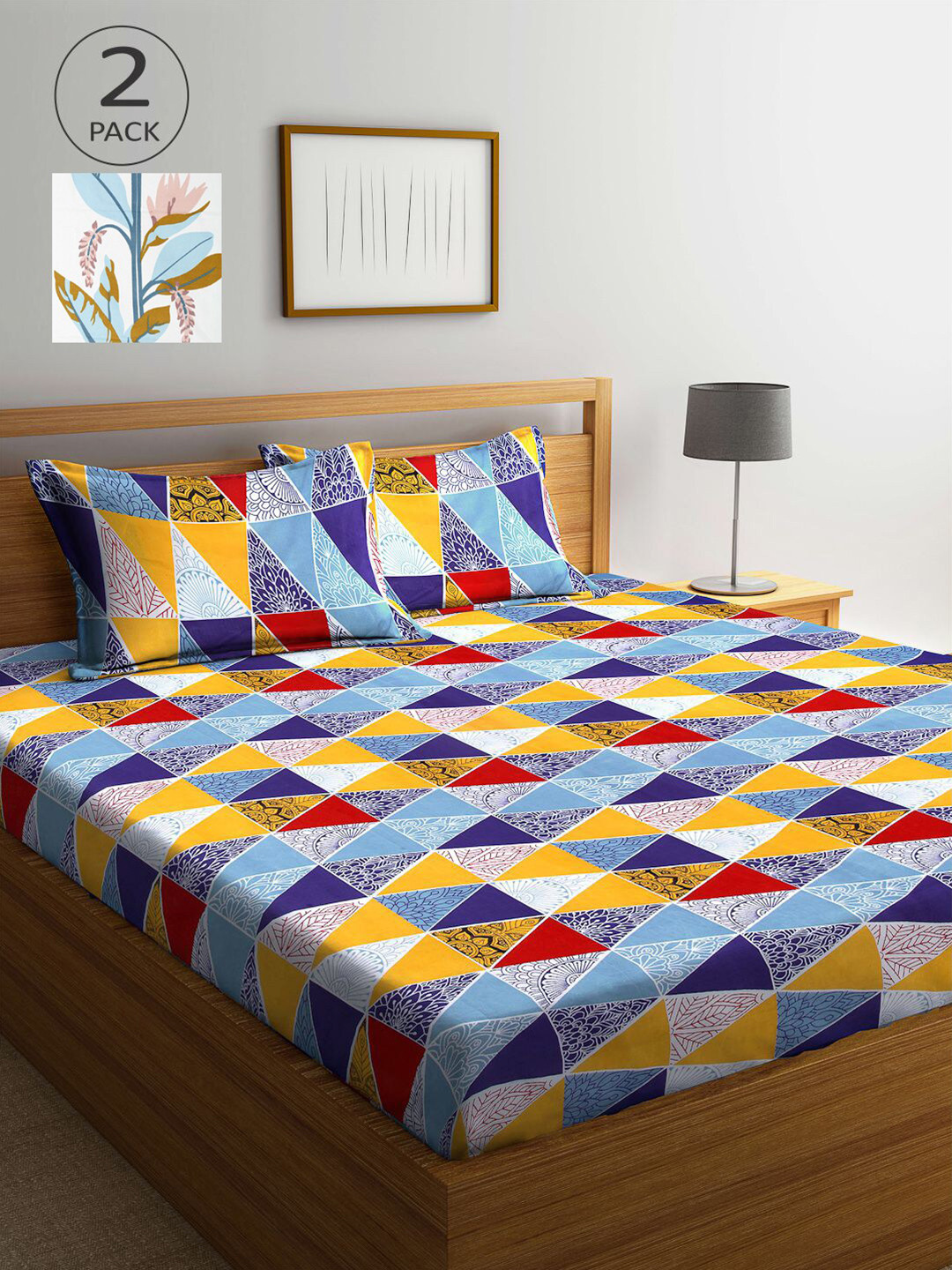 

KLOTTHE Blue & White Geometric 210 TC 2 King Bedsheet with 4 Pillow Covers