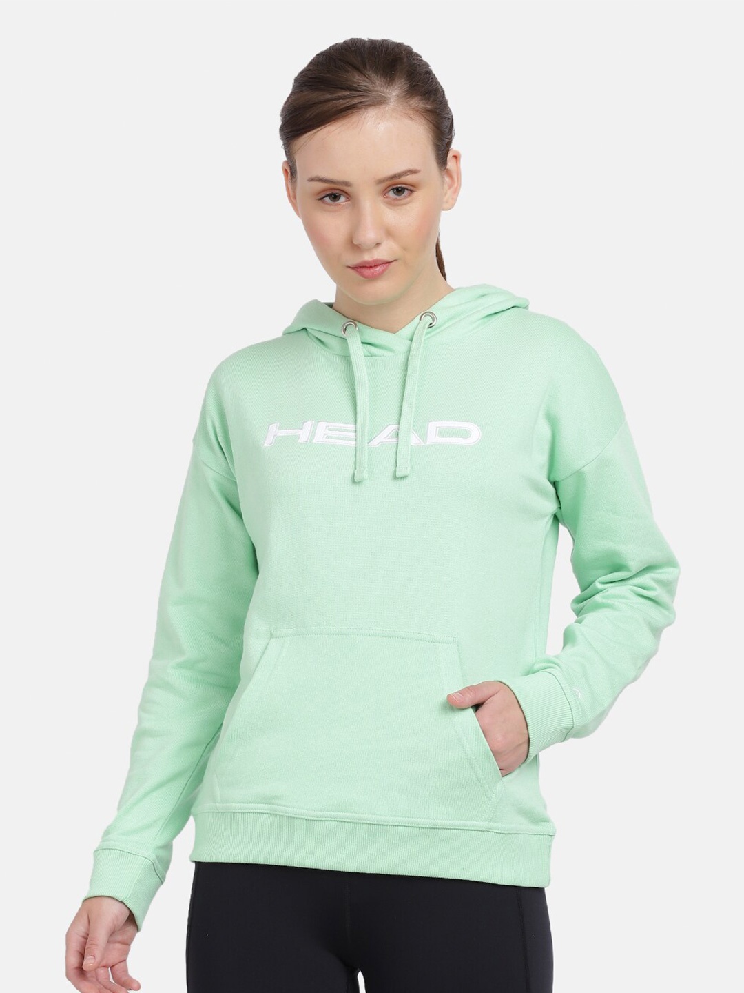 

Head Women Sea Green Drawstring Hood Cotton Sweatshirt