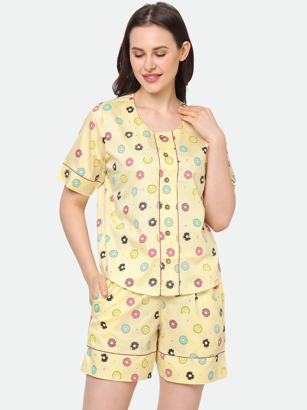 

CASA DE NEE NEE Women Yellow & Blue Printed Pure Cotton Night suit