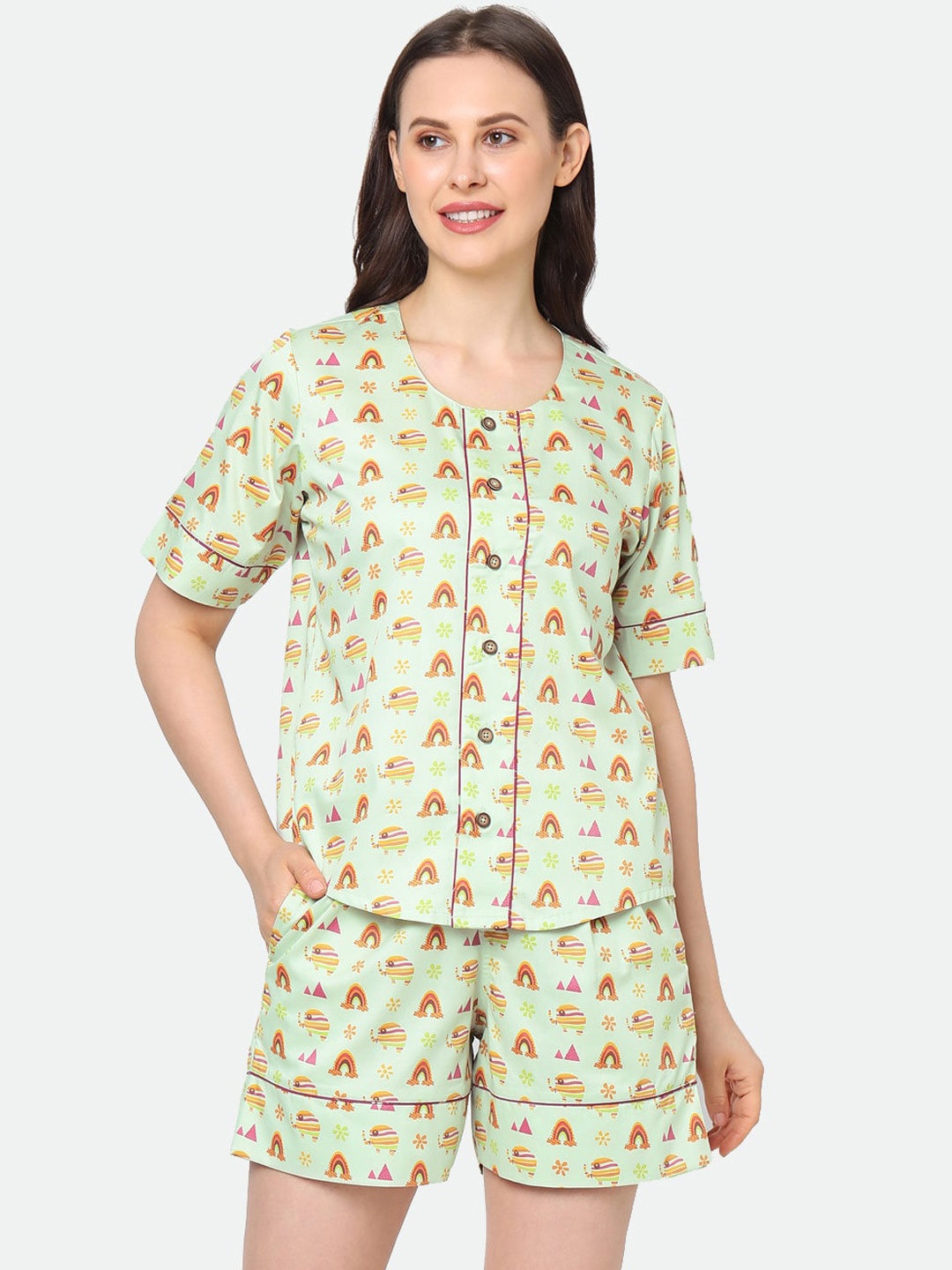 

CASA DE NEE NEE Women Green & Pink Printed Pure Cotton Night Suit