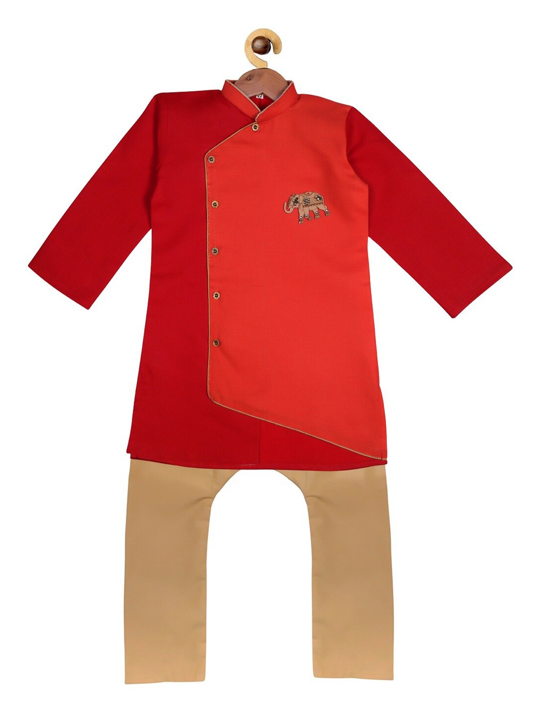 

SOULFULLY INDIAN Boys Red & Beige Angrakha Kurta With Pyjamas