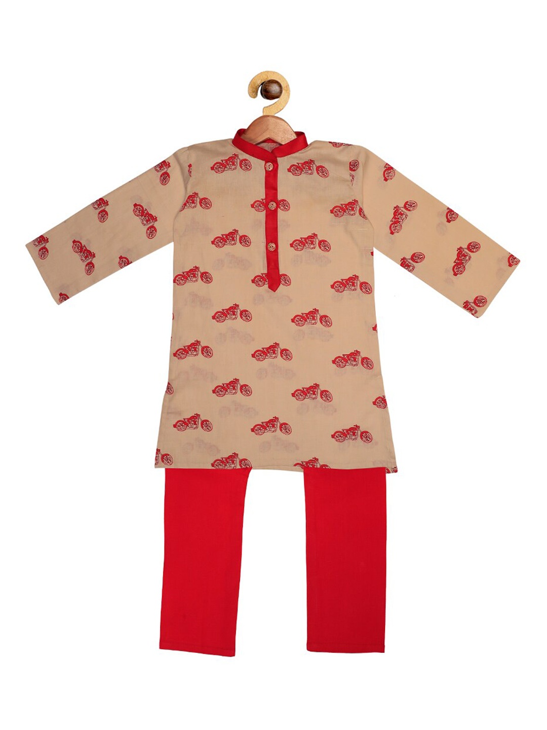 

SOULFULLY INDIAN Boys Beige & Red Motorcycle Printed Pure Cotton Kurta with Pyjamas