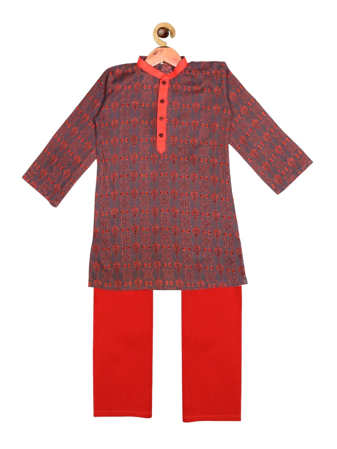 

SOULFULLY INDIAN Boys Grey & Red Ethnic Motifs Printed Kurta with Pyjamas