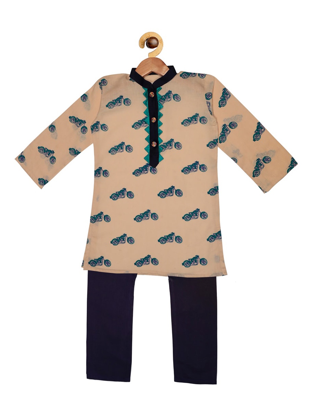 

SOULFULLY INDIAN Boys Beige & Blue Printed Regular Pure Cotton Kurta with Pyjamas