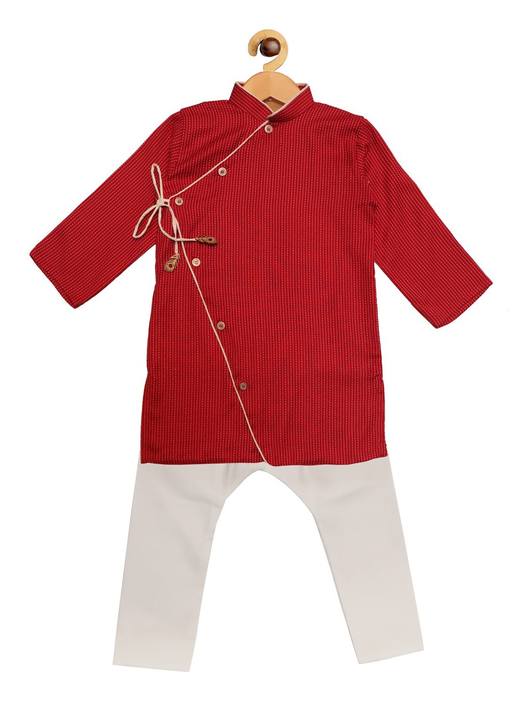 

SOULFULLY INDIAN Boys Maroon & White Striped Angrakha Pure Cotton Kurta with Pyjamas