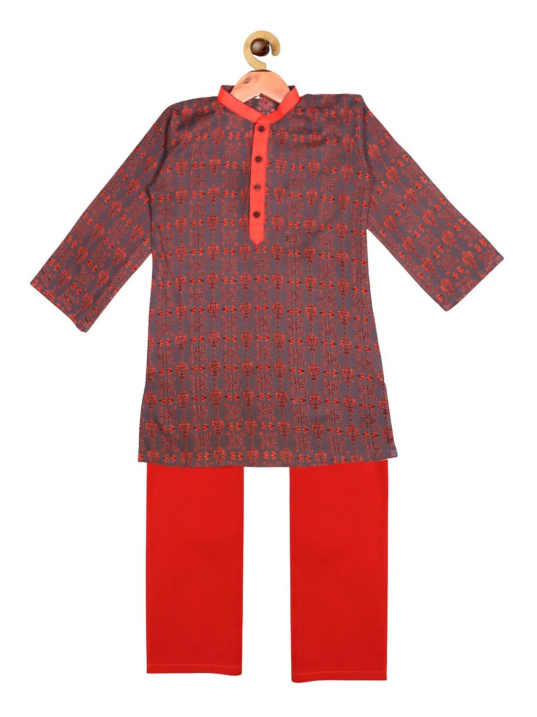 

SOULFULLY INDIAN Boys Grey & Red Ethnic Motifs Printed Kurta with Pyjamas
