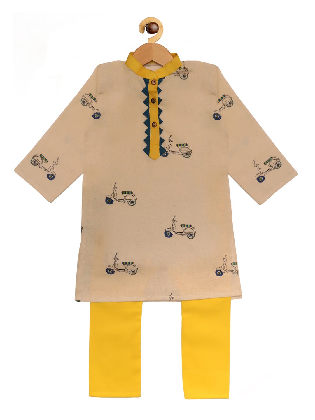 

SOULFULLY INDIAN Boys Cream-Coloured Printed Regular Pure Cotton Kurta with Pyjamas