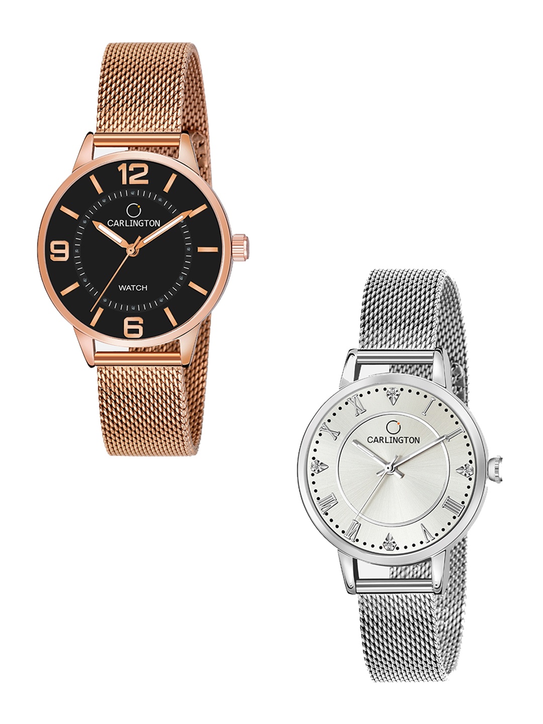 

CARLINGTON Women Set of 2 Stainless Steel Bracelet Style Straps Analogue Watches, Multi