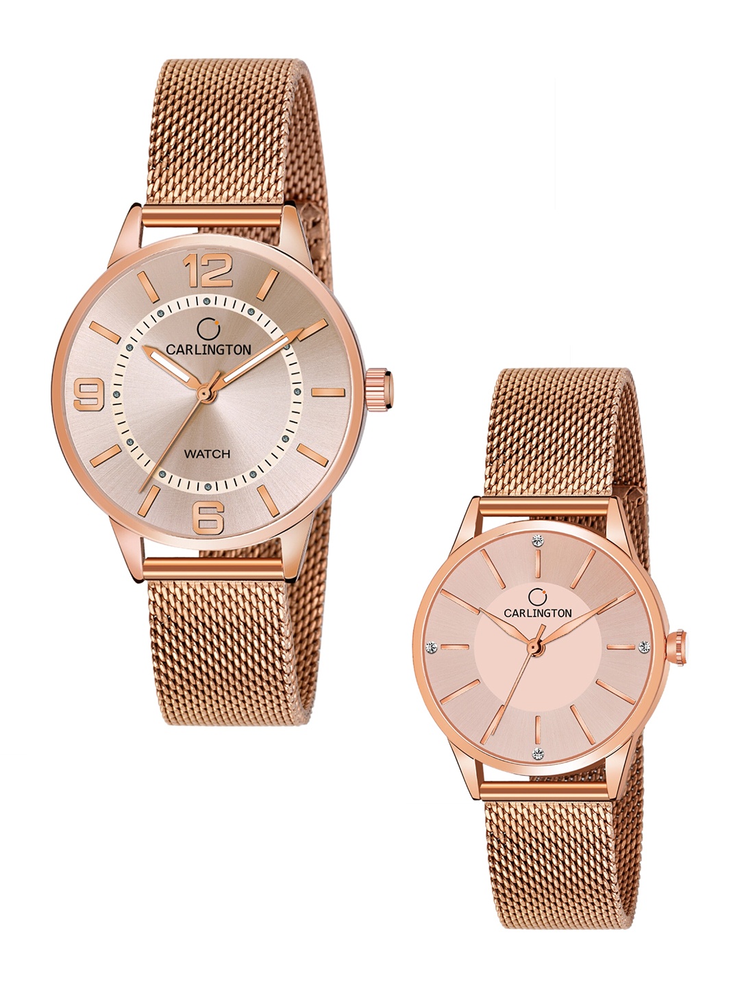 

CARLINGTON Women Set Of 2 Stainless Steel Bracelet Style Straps Analogue Watch, Rose gold