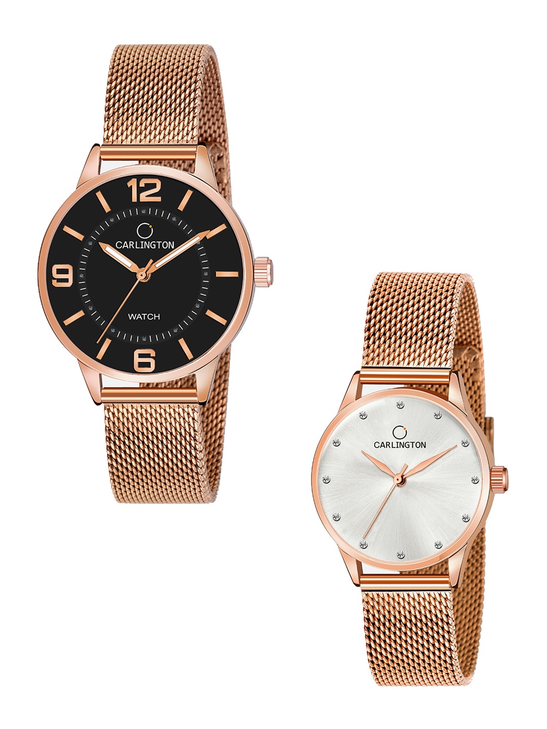 

CARLINGTON Women Set Of 2 Stainless Steel Bracelet Style Straps Analogue Watch, Rose gold
