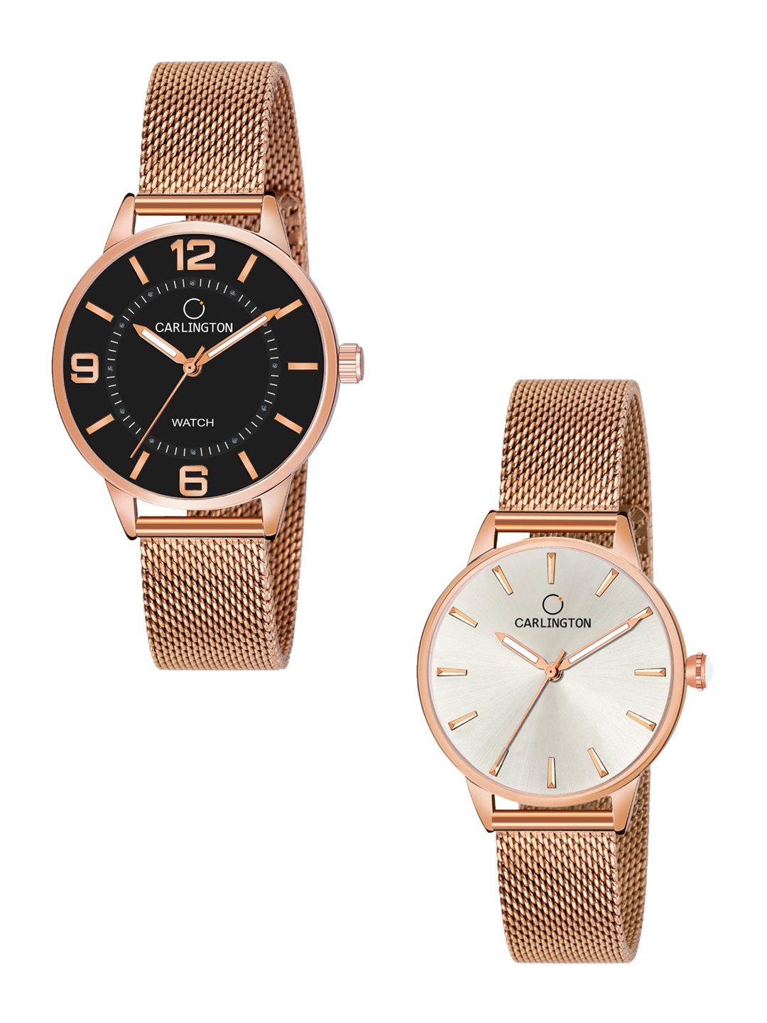 

CARLINGTON Women Set Of 2 Stainless Steel Bracelet Style Straps Analogue Watch, Rose gold