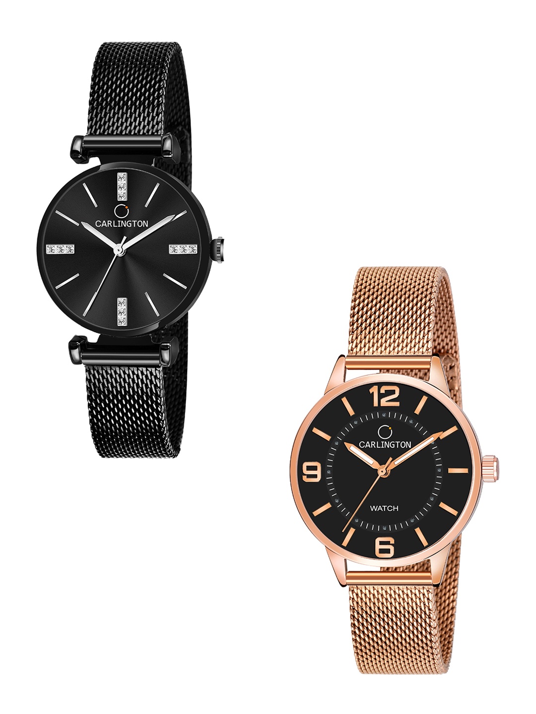 

CARLINGTON Women Set Of 2 Stainless Steel Bracelet Style Straps Analogue Watch, Rose gold