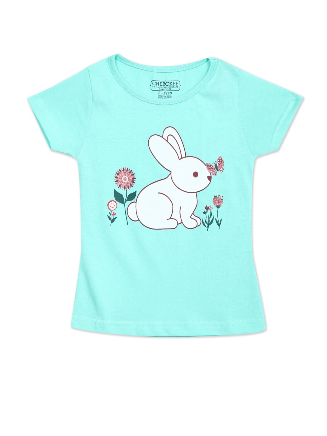 

Cherokee Girls Turquoise Blue & White Pure Cotton Printed T-shirt