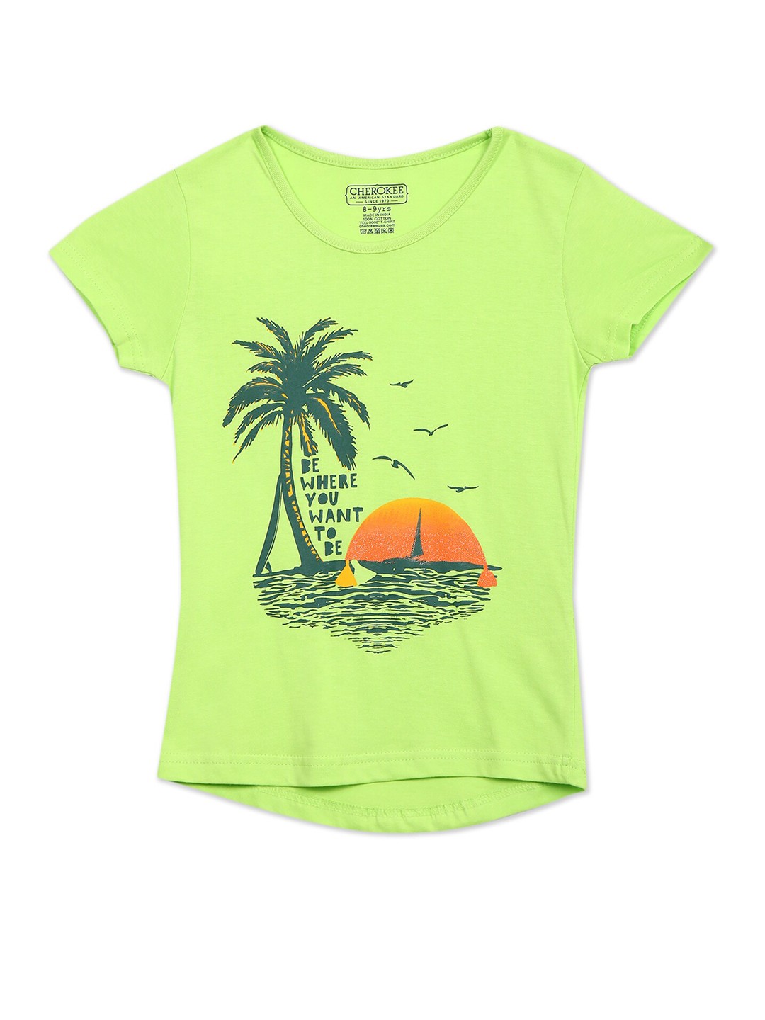 

Cherokee Girls Green Printed Tropical Cotton T-shirt