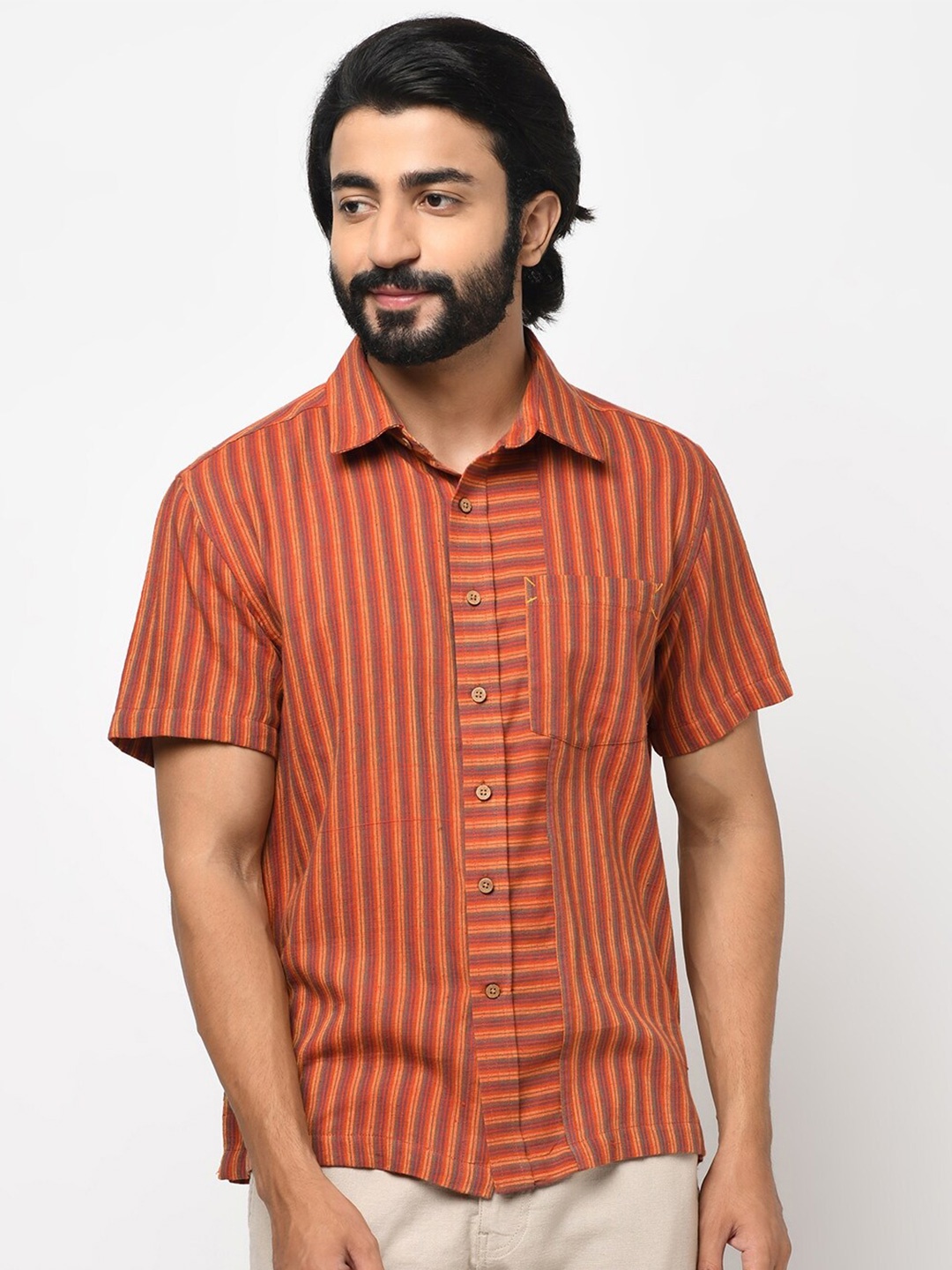 

Fabindia Men Orange Opaque Printed Casual Shirt