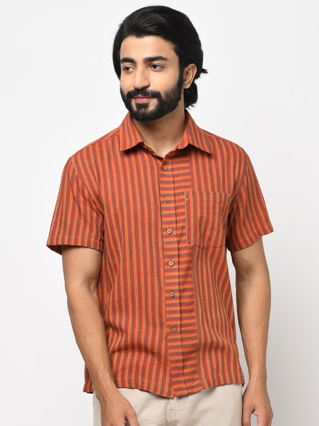 

Fabindia Men Orange Opaque Striped Casual Shirt