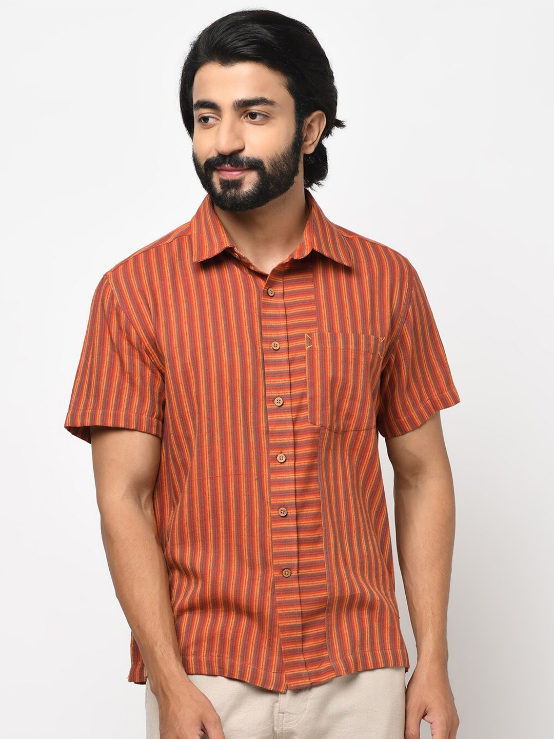 

Fabindia Men Orange & Yellow Opaque Striped Cotton Dobby Casual Shirt