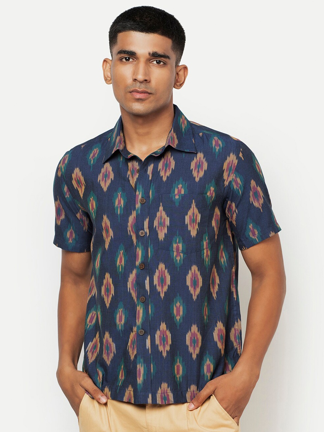 

Fabindia Men Blue Ikkat Printed Casual Shirt