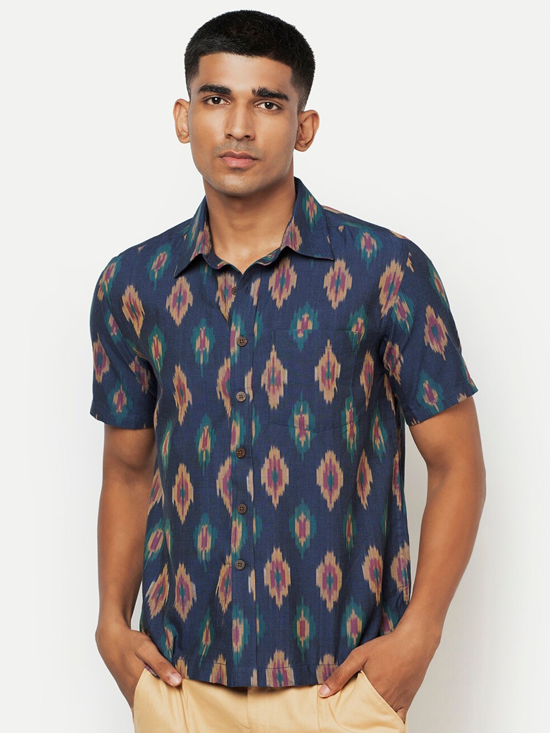 

Fabindia Men Blue Opaque Printed Casual Shirt