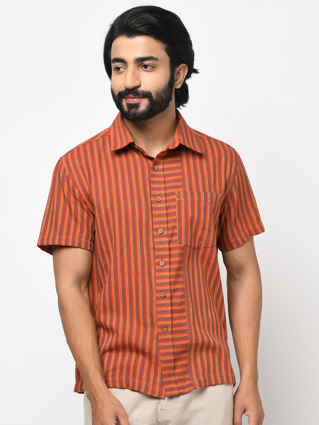 

Fabindia Men Orange Opaque Striped Casual Shirt