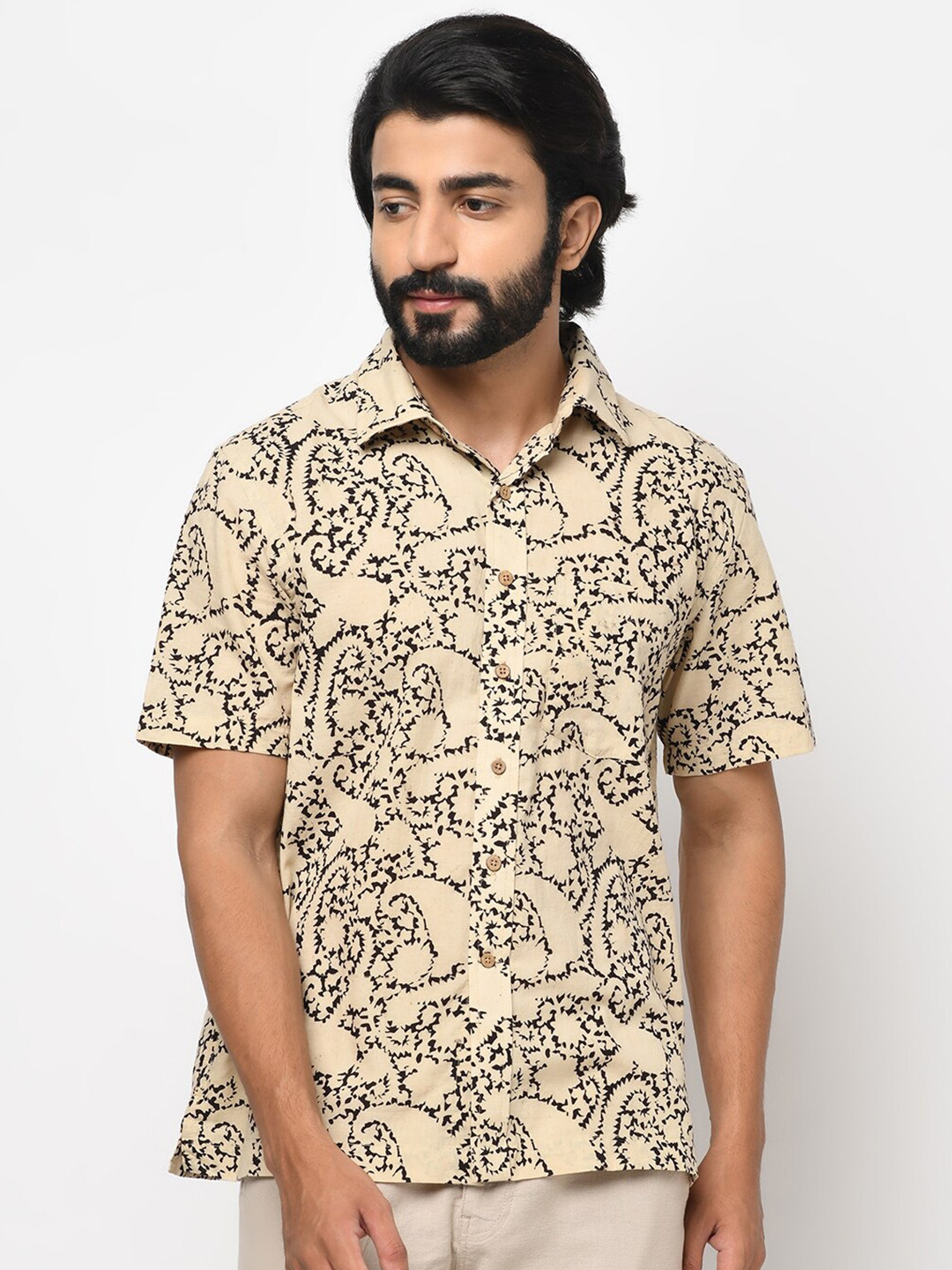 

Fabindia Men Black Opaque Printed Casual Shirt