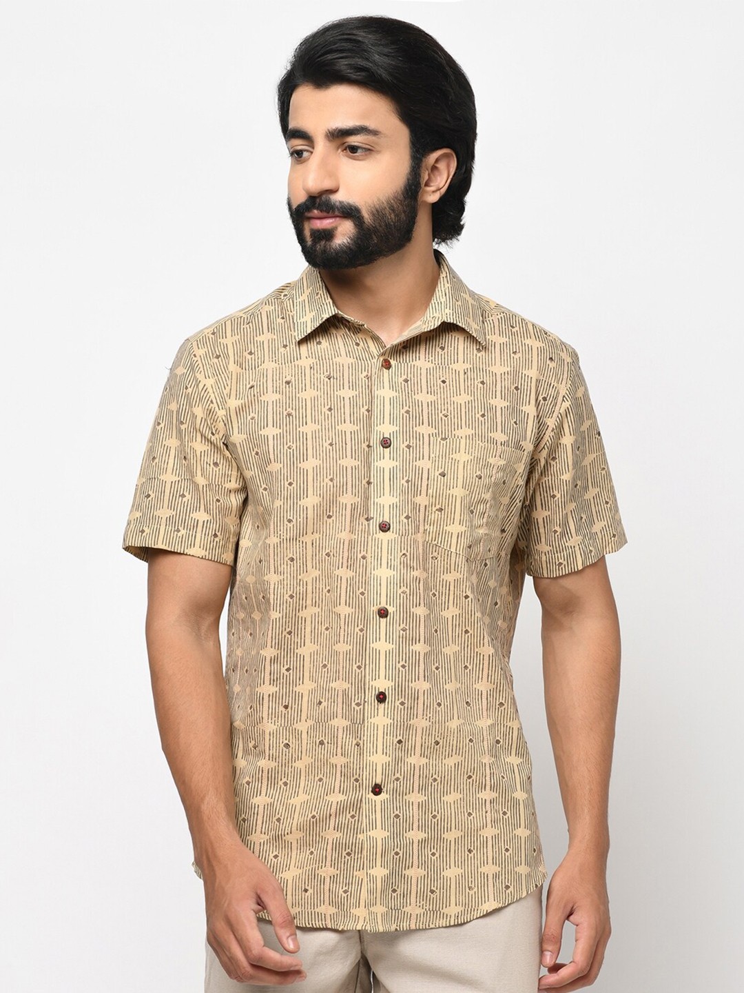 

Fabindia Men Beige Slim Fit Opaque Printed Casual Shirt