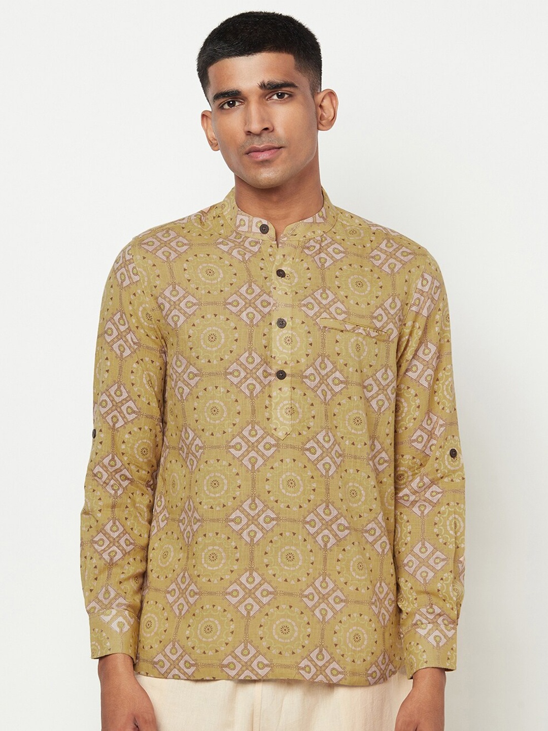 

Fabindia Men Yellow & Off White Slim Fit Opaque Printed Cotton Casual Shirt