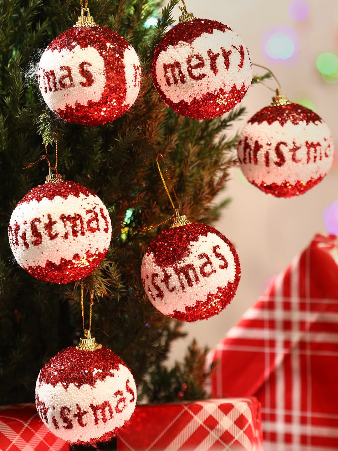 

TIED RIBBONS Red & White Set of 6 Christmas Tree Decoration Balls