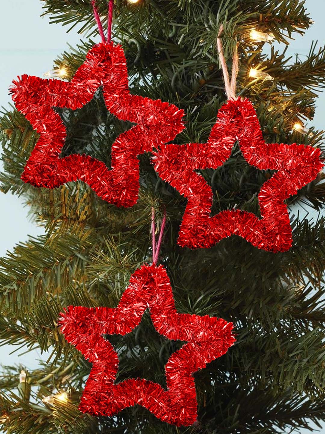 

TIED RIBBONS Red Set of 3 Stars Tinsel Christmas Tree Wall Door Hanging Decoration