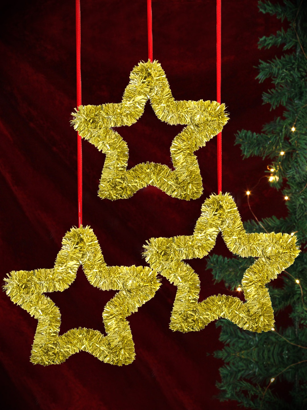 

TIED RIBBONS Gold Set of 3 Stars Tinsel Christmas Tree Wall Door Hanging Decoration