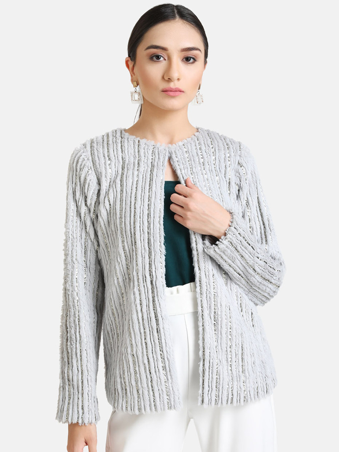 

Kazo Women Grey & Gunmetal-Toned Striped Lightweight Tailored Jacket