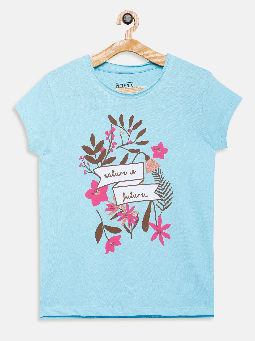 

THETA Girls Blue & Pink Printed Pure Cotton Top