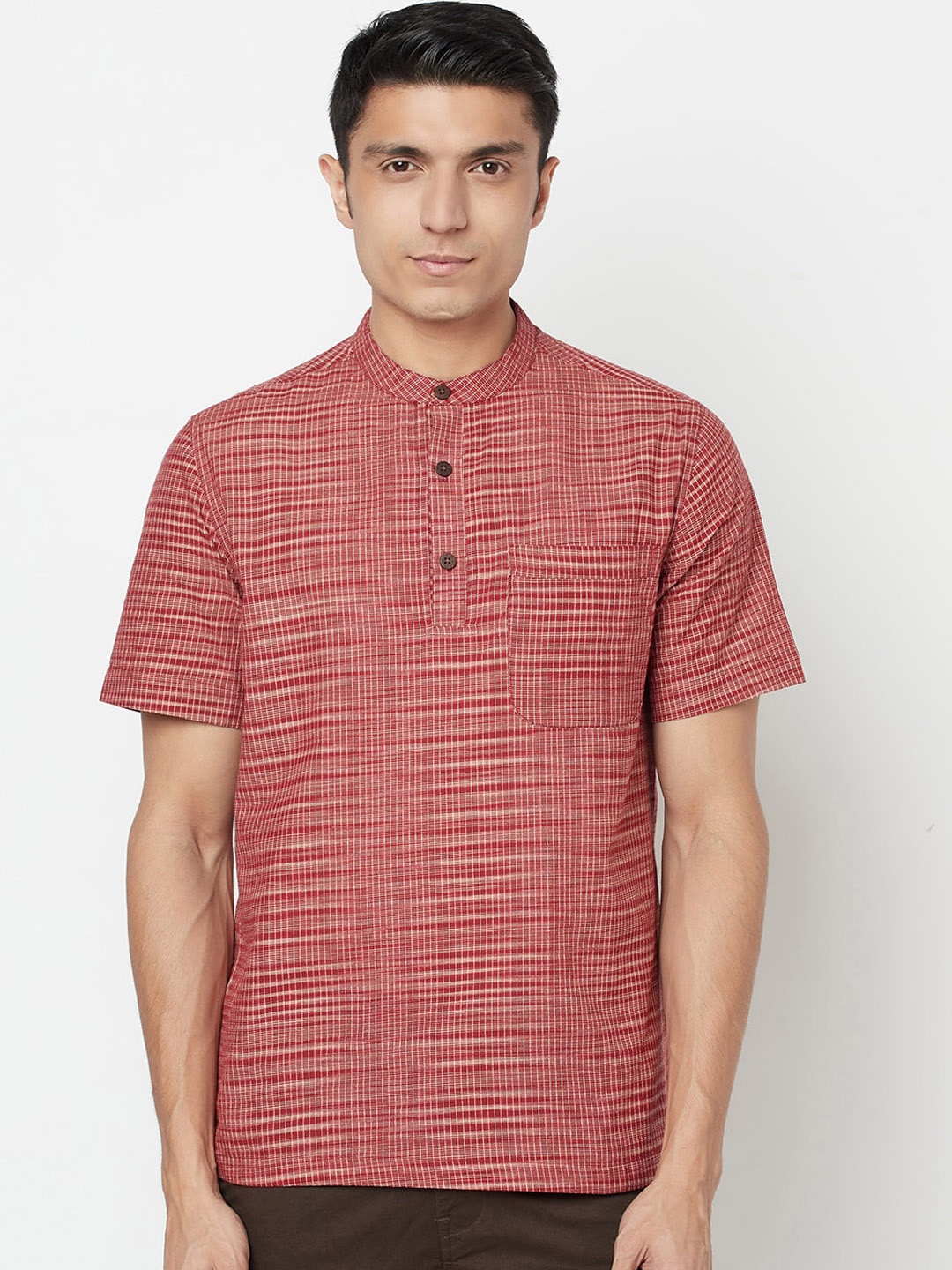 

Fabindia Men Maroon Striped Flared Sleeves Thread Work Kurta