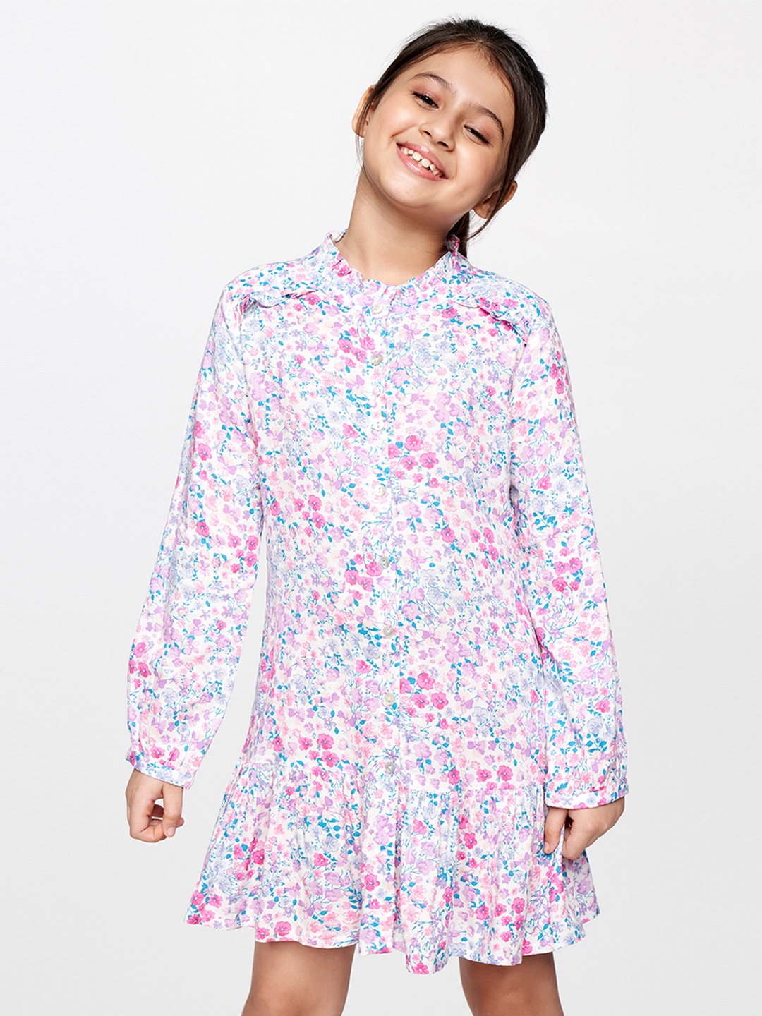 

AND Girls White & Pink Floral Printed Drop-Waist Dress