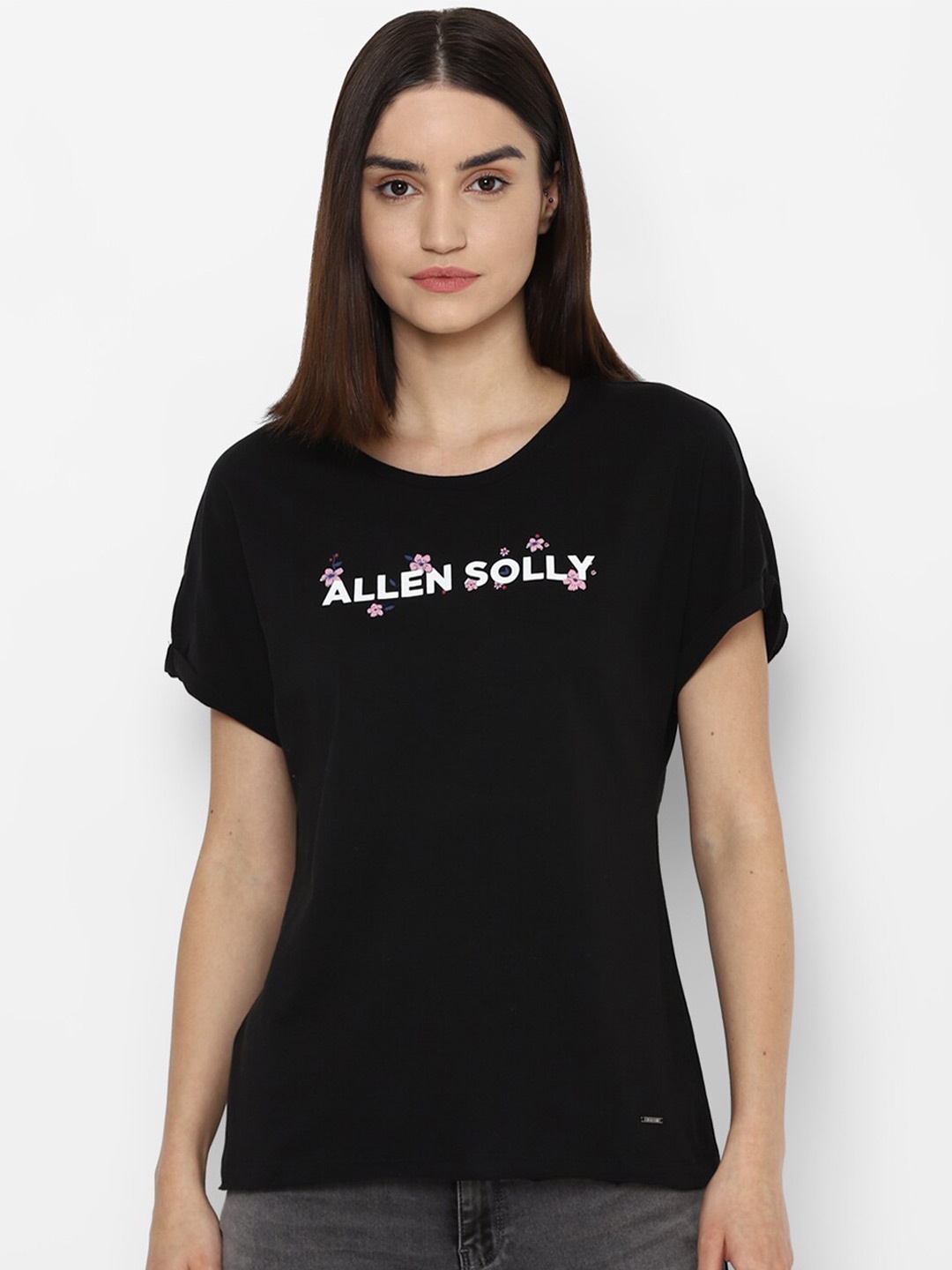 

Allen Solly Woman Women Black & White Brand Logo Printed Pure Cotton T-shirt