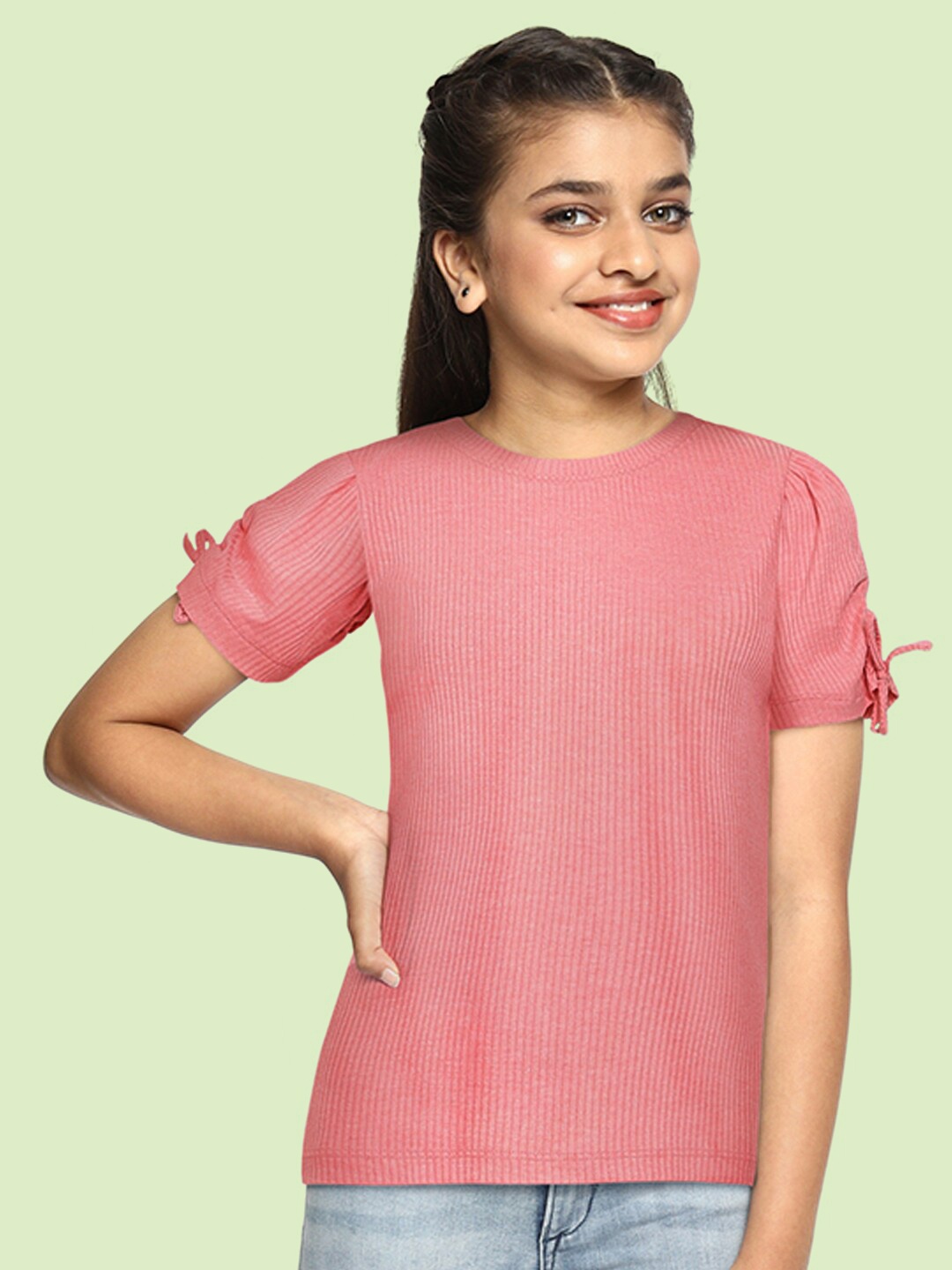 

AND Girls Pink Solid Top With Tie-Up Sleeves