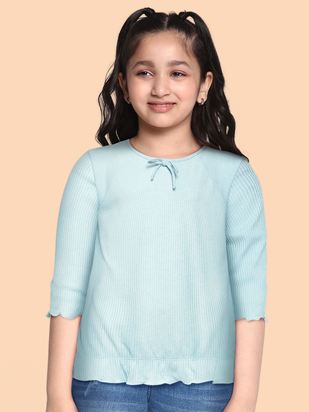 

AND Girls Blue Solid Tie-Up Neck Top