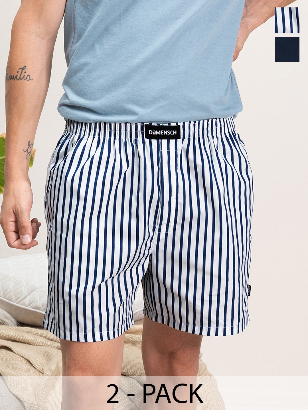 

DaMENSCH Men Pack of 2 Assorted Ultra-Light Cotton Regular Fit Boxer Shorts, White