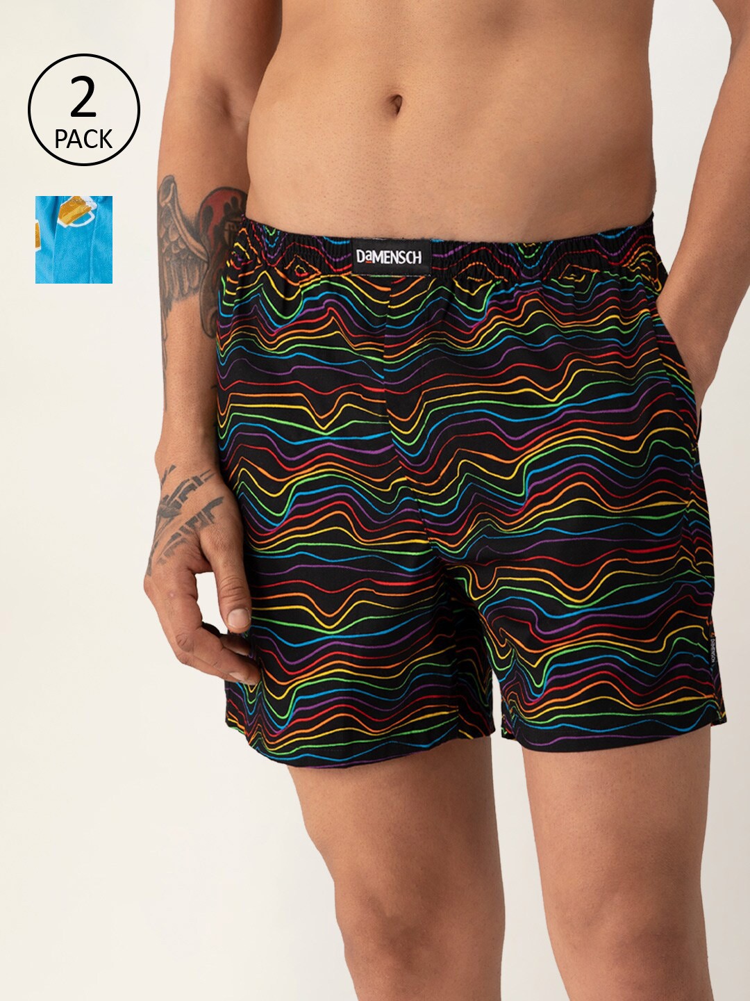 

DAMENSCH Men Breeze Pack of 2 Printed Ultra-Light Cotton Boxer Shorts DAM-LBX-MO-PRD, Blue