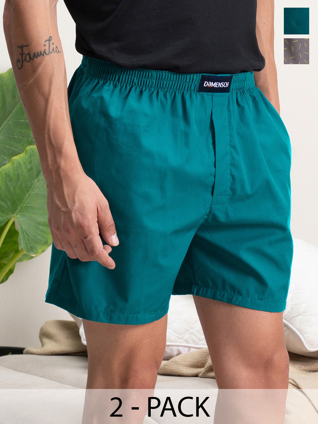 

DAMENSCH Men Breeze Pack of 2 Assorted Ultra-Light Cotton Boxer Shorts DAM-LBX-ABG-HB, Teal
