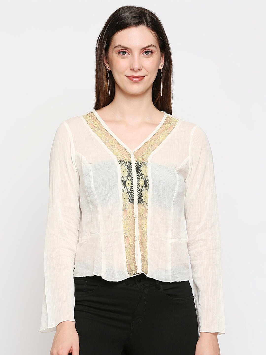 

aaliya White Embellished Sheer Regular Top